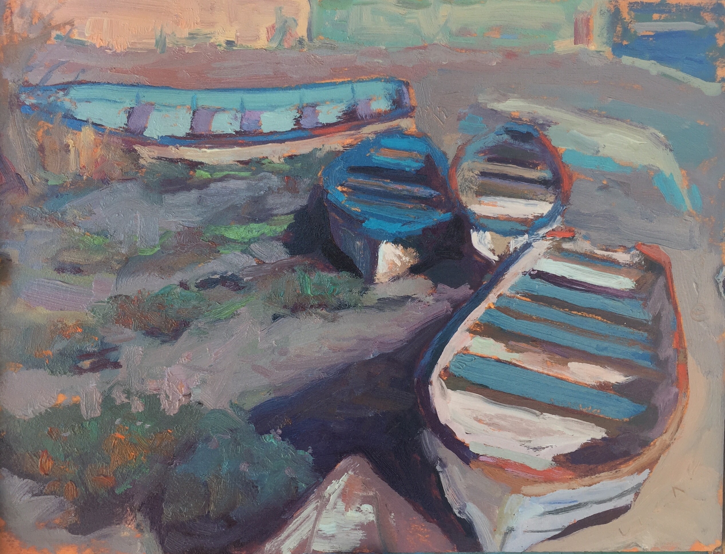 Fishing Boats at Loreto, oil on birch panel