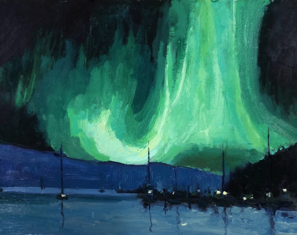 Northern Lights over Cowichan Bay, original oil painting
