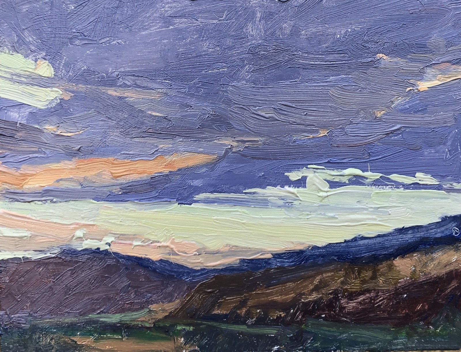 Fall sunrise over Oliver, oil on birch panel