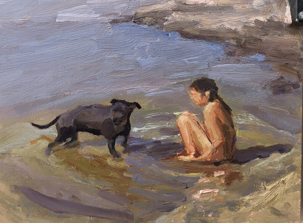 Charlie and child in shallows at Cerritos, original oil painting