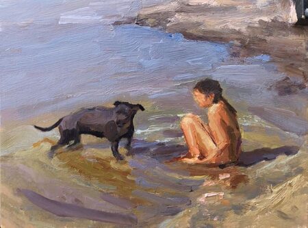 Charlie and child in shallows at Cerritos