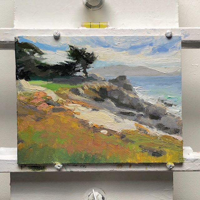 Near Pebble Beach, CA. Working out the problems at a small size. 8 x 10. One correct stroke of correct value, color and edge is faster than several larger strokes. An 8 x 10 at this size only takes about 1-2 hours as opposed to if it were 16 x 20, might take a full day. Possibly 2. I’d rather only invest an hour or two to see if I like it, vs. a day. Happy isolation ‘aryone. Hope you’re working on some hobbies.
