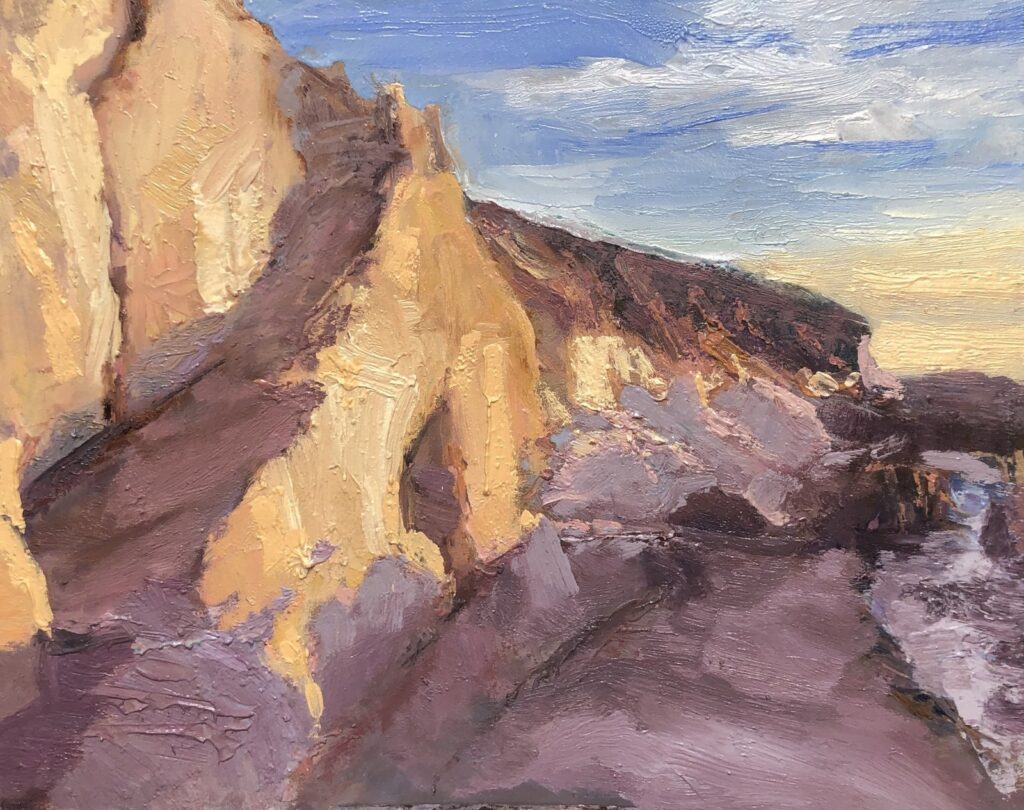 Warm Light on Cerritos Rocks, original oil painting