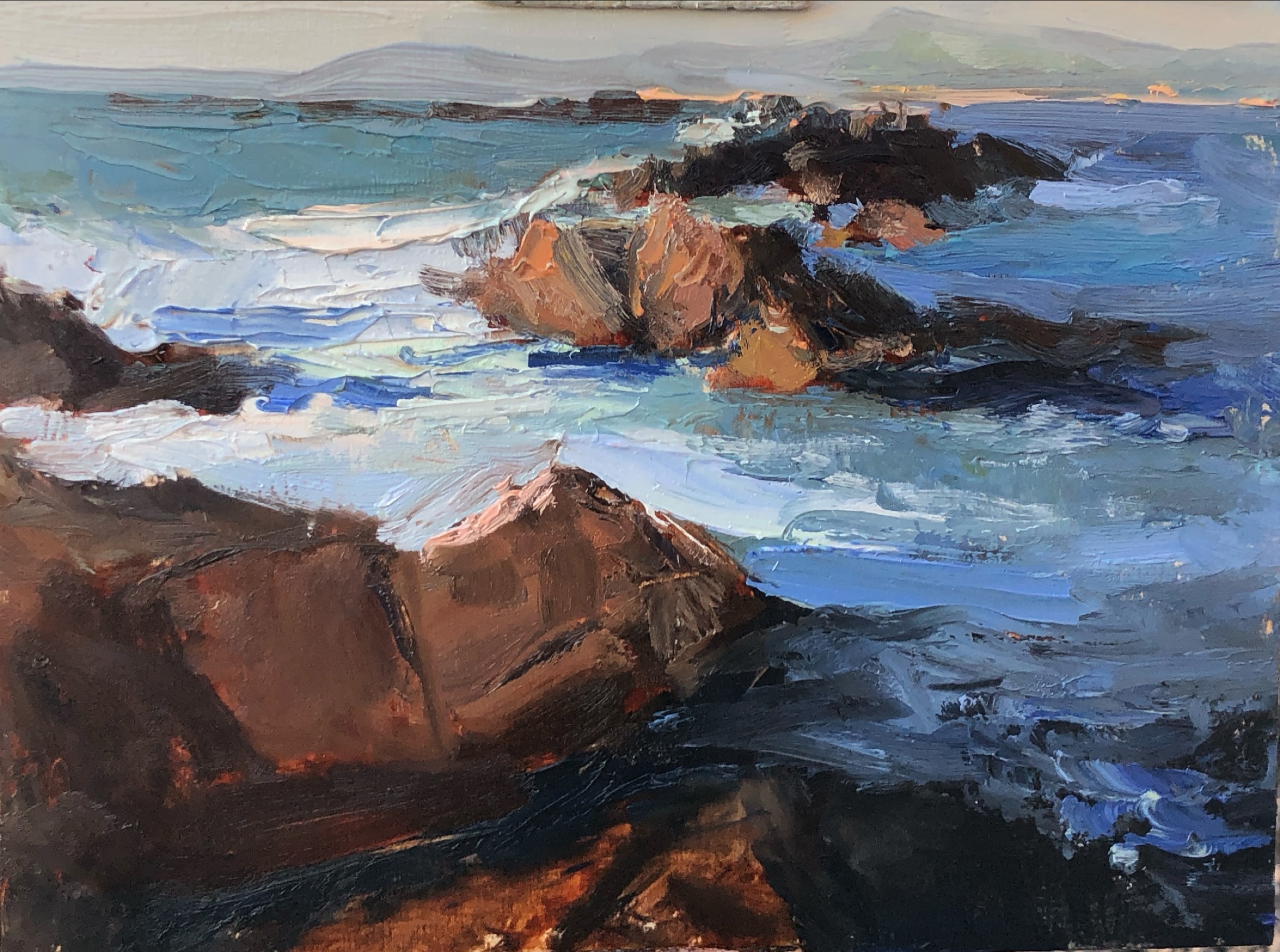 Whitewater on Cerritos Rocks, oil on birch panel