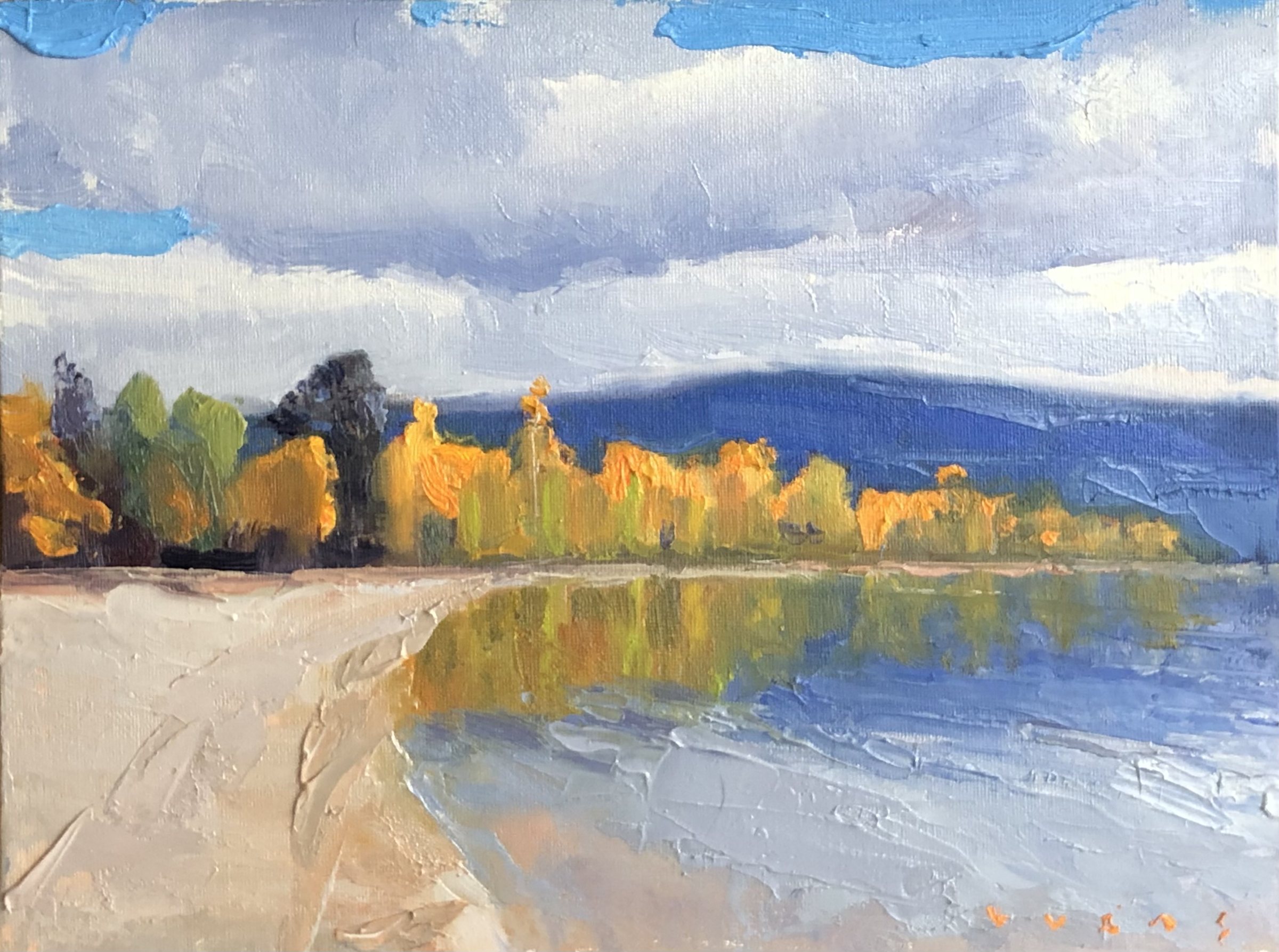 Sun Oka Fall Colors, oil on birch panel