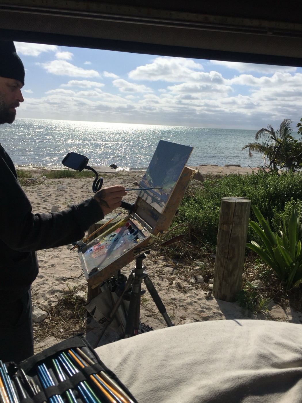 Painting from the van, Big Coppitt Key, 5 January 2018. Photo by Jayna