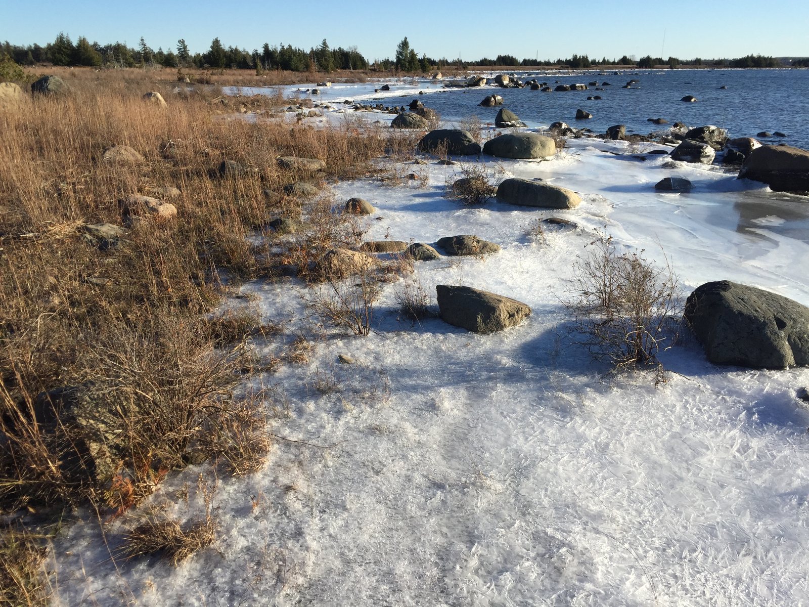 Snow and ice along the stony shore of the North Channel, Manitoulin Island