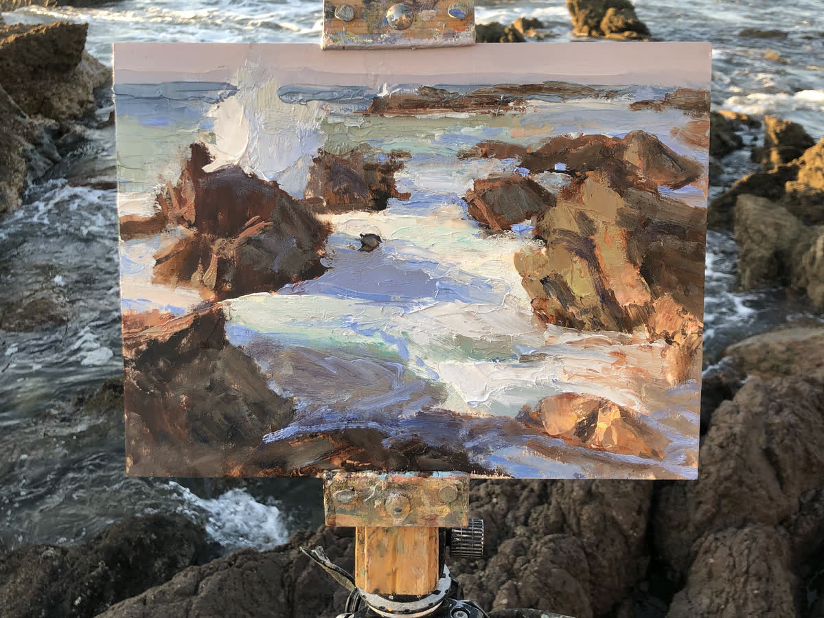 Tidal Waters at Cerritos on the easel, outdoors, in front of the place it shows, Cerritos, Mazatlán