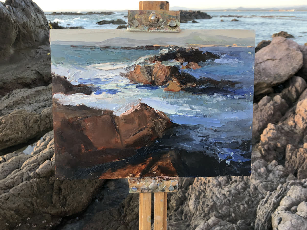 Whitewater on Cerritos Rocks on the easel, outdoors, in front of the place it shows, Cerritos, Mazatlán